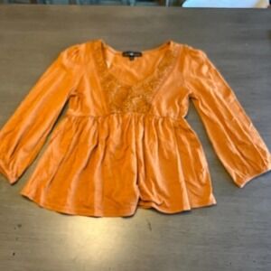 Derek Heart Small Orange Lace Trim Babydoll Blouse Top‎ Long Sleeve